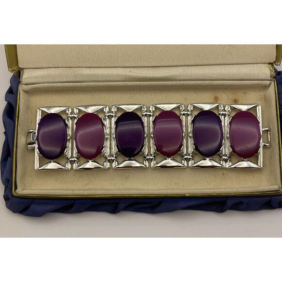 Vintage Bracelet Estate Signed DAM Lucite Chunky Runway Pink Purple 7” Heavy - Picture 2 of 10